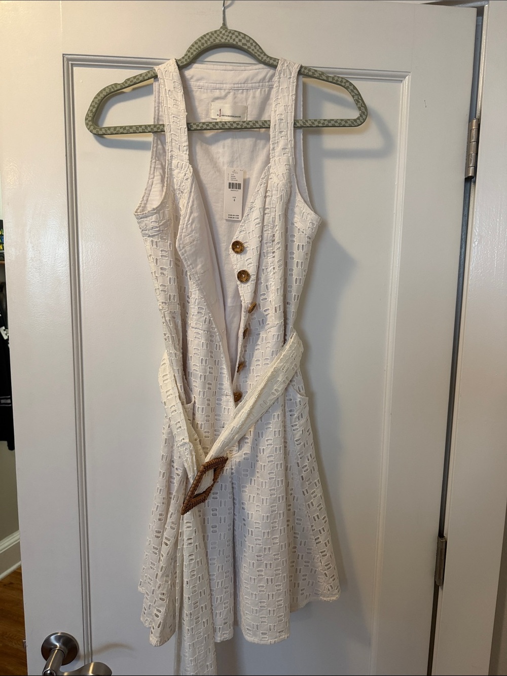 Anthropologie White Eyelet Button-Front Mini Dress with Woven Belt